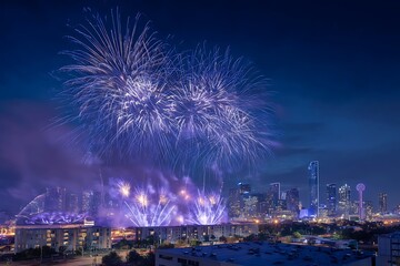 Fototapeta premium A vibrant fireworks display illuminates the night sky over a modern city skyline, creating a festive atmosphere.