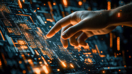 Human hand interacting with a futuristic digital interface with glowing data visualizations