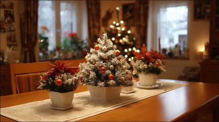 Christmas table decoration with festive plant pots and snowy fir branches on a wooden table, holiday celebration.