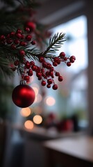 Close up of a red christmas ornament and berries hanging from a festive pine branch with blurred background. Seasonal concept for greeting card.