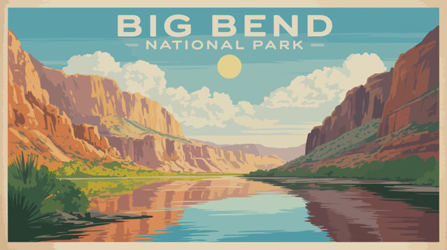 Illustration of big bend national park with river and canyon landscape view