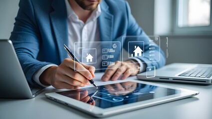 Businessman reviews real estate documents on laptop, Online property management, Digital housing contract, investment planning, Smart organization of real estate transactions using modern tools.