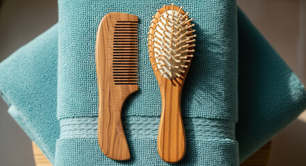 Natural Wooden Hairbrush and Comb on Soft Teal Towel