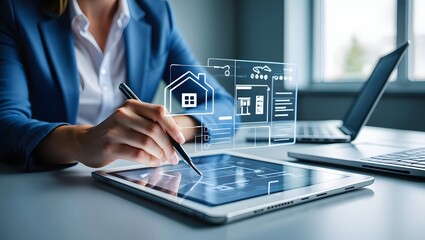 Businessman reviews real estate documents on laptop, Online property management, Digital housing contract, investment planning, Smart organization of real estate transactions using modern tools.
