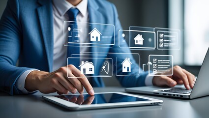 Businessman reviews real estate documents on laptop, Online property management, Digital housing contract, investment planning, Smart organization of real estate transactions using modern tools.