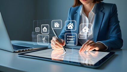 Businessman reviews real estate documents on laptop, Online property management, Digital housing contract, investment planning, Smart organization of real estate transactions using modern tools.