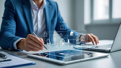 Businessman reviews real estate documents on laptop, Online property management, Digital housing contract, investment planning, Smart organization of real estate transactions using modern tools.
