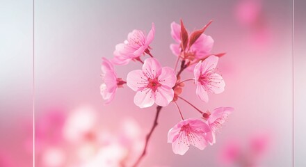 Obraz premium Pink Cherry Blossom Branch: Delicate Floral Bloom on Soft Pastel Background, Springtime Beauty