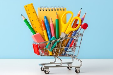 A colorful collection of school supplies in a miniature shopping cart on a white table against a light blue background