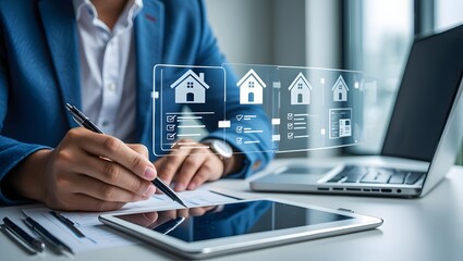 Businessman reviews real estate documents on laptop, Online property management, Digital housing contract, investment planning, Smart organization of real estate transactions using modern tools.