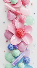 Fototapeta premium Pastel Candy Arrangement: Glossy Flower & Spheres on White Background - Sweet Treats, Confectionery, Decorative Art