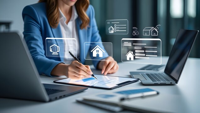 Businessman reviews real estate documents on laptop, Online property management, Digital housing contract, investment planning, Smart organization of real estate transactions using modern tools.