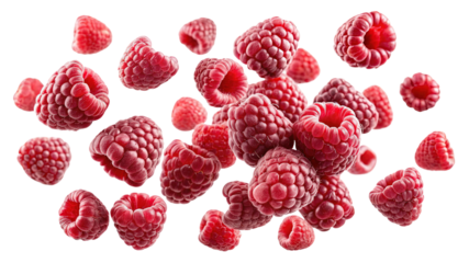 A vibrant collection of fresh ripe raspberries scattered across a dark contrasting background showcasing their intricate textures and juicy appeal