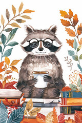 Raccoon sitting with books and autumn leaves in a cozy artistic setting
