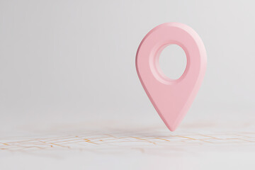 Fototapeta premium Pink Location Pin: 3D render of a pink location pin hovering over a stylized map, symbolizing direction, navigation, and finding places, ideal for travel and tech themes.