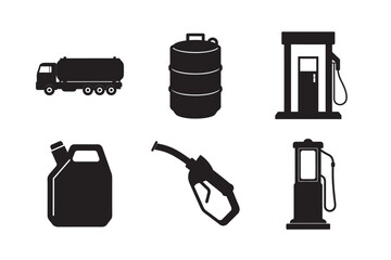 silhouette fuel tanker truck, gasoline barrel, modern fuel dispenser, petrol canister jerry, petrol pump nozzle, set bundle on white background