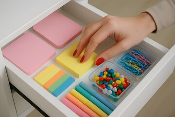Organized Drawer with Colorful Stationary and Hand Reaching For Item for Creative Projects and Productivity