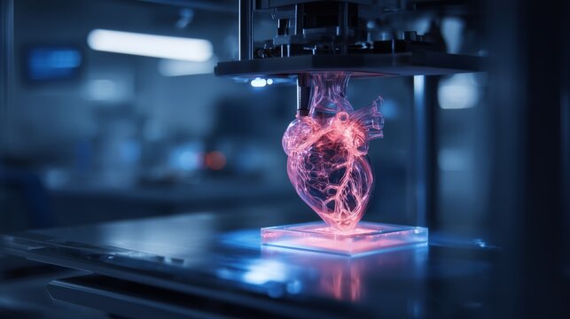 3D printer creating human organs in high-tech, futuristic laboratory. Printing process features glowing anatomical structures, biomedical innovation in regeneration and tissue engineering concept. 
