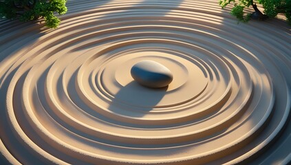 Obraz premium Zen garden featuring a smooth, dark stone in the center of concentric raked sand circles, with blurred motion suggesting ongoing creation or meditation.