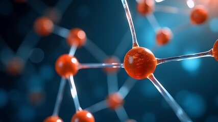 Stylised molecular lattice glowing amber atoms linked transparent bonds drifts over cool blue gradient portraying cutting edge science crystal clear - Powered by Adobe