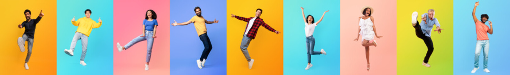 A vibrant collage showcases a diverse group of individuals engaged in lively dance poses against colorful backgrounds.