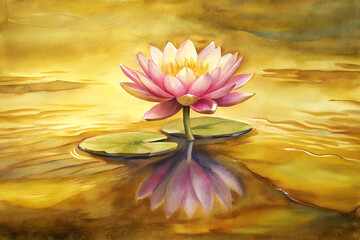 blooming lotus flower on golden water surface