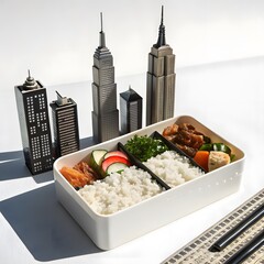 Bento Box Filled with Rice and Vegetables Near Building Models
