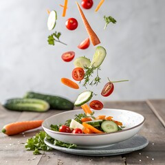 Floating Fresh Vegetables for Salad Preparation in a Bowl on Wooden Table