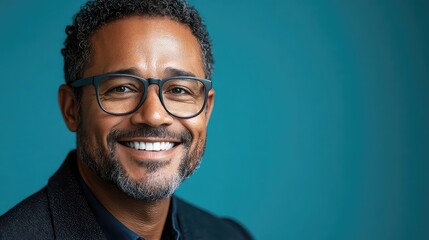 Smiling Man with Glasses on Blue Background Representing Professional Image Friendly Personality and Stylish Portraits for Personal Branding Headshots and Marketing Campaigns