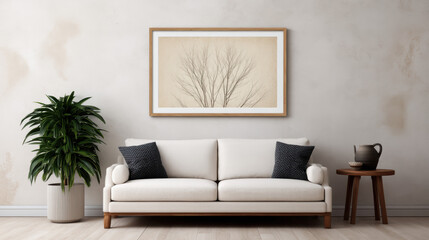 A minimalist living room featuring a white sofa with dark cushions, a framed tree artwork, a potted plant, and a wooden side table with a teapot.
