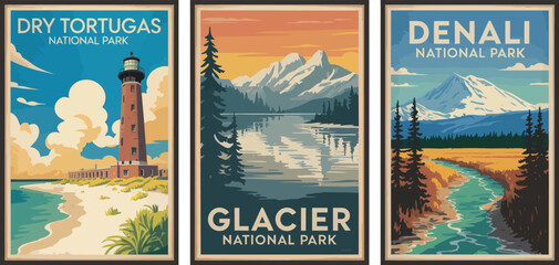 Three framed posters of national parks with distinct landscape illustrations