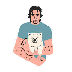 Trendy hand drawn graphic of man and Samoyed puppy. Flat vector illustration of pet owner holding small dog.