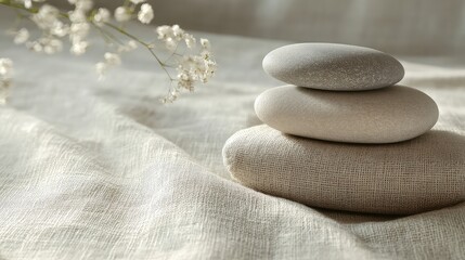Smooth stones on linen with neutral tones soft light and clean layout ideal for spa balance or minimalist content