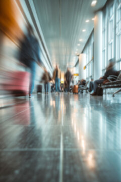 Blurred unfocused Airport terminal scene showing people from a low angle, people legs hurry with suitcases and large amounts of luggage. Concept of travel, vacation, relocation, and emigration.