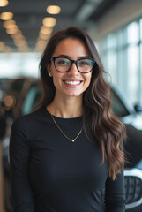 Middle Eastern Woman in Chic Black Dress at Premium Car Dealership Close-Up