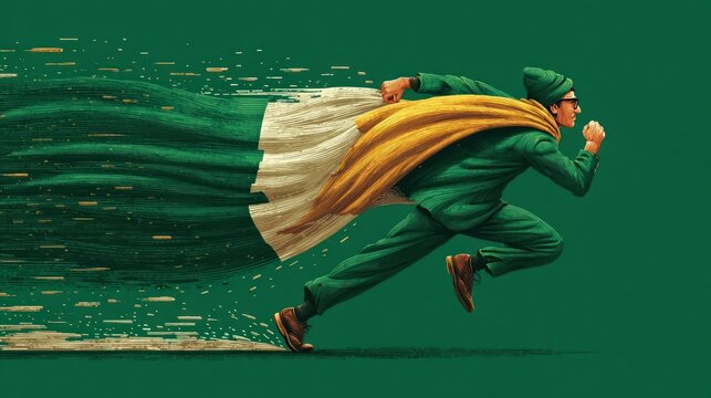 Person running with flag on green background for 14 August Independence Day