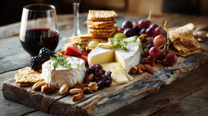 An artisanal cheese board with fruits, nuts, and crackers is beautifully laid out on rustic wood, ideal for wine pairings and intimate gatherings