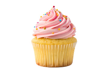 Single Cupcake with Pink Swirl Frosting and Colorful Sprinkles