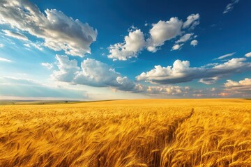 Obraz premium Golden wheat field under a vast blue sky with fluffy clouds at sunset