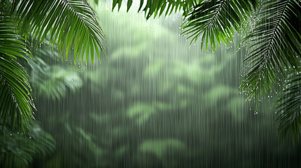 Naklejka premium Tropical rainy jungle, lush greenery and dripping palm leaves. Amazing background for nature and adventure concepts