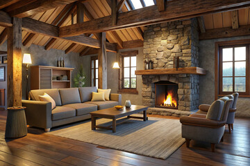 Obraz premium Rustic living room design ideas with stone fireplace wood beams and comfortable seating inspiration