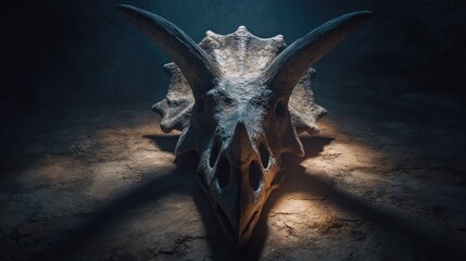 Fossil Triceratops skull, dramatic lighting