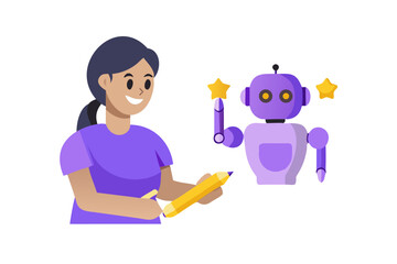 Woman collaborating with ai robot for creative design and innovative projects