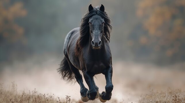 A black horse running in a field of dry grass