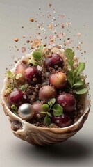 A bowl filled with lots of different types of fruit and pearls