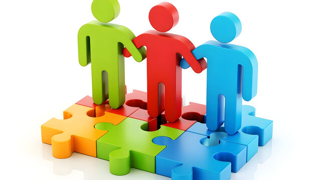 Diverse team collaborating successfully on colorful puzzle pieces, symbolizing unity and shared goals for business growth.