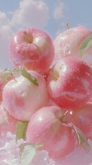 A bunch of pink apples with water droplets on them