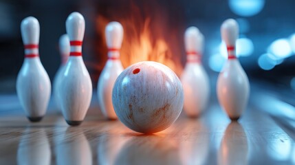 Naklejka premium Bowling ball and pins with fire