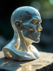 A bronze bust of a human head covered in water droplets, displayed outdoors in natural light.