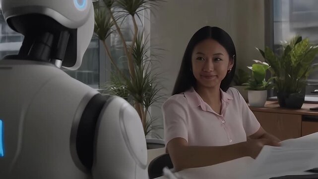 AI robot handing contract to young professional asian woman during job interview or client consultation in modern office